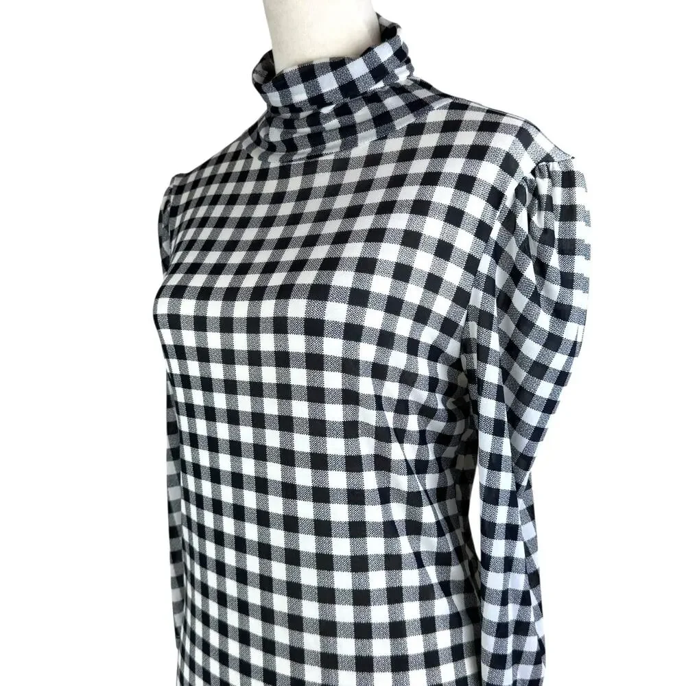 Free People Gathered Turtleneck Black & White Gingham Checkered Mesh Slim Top